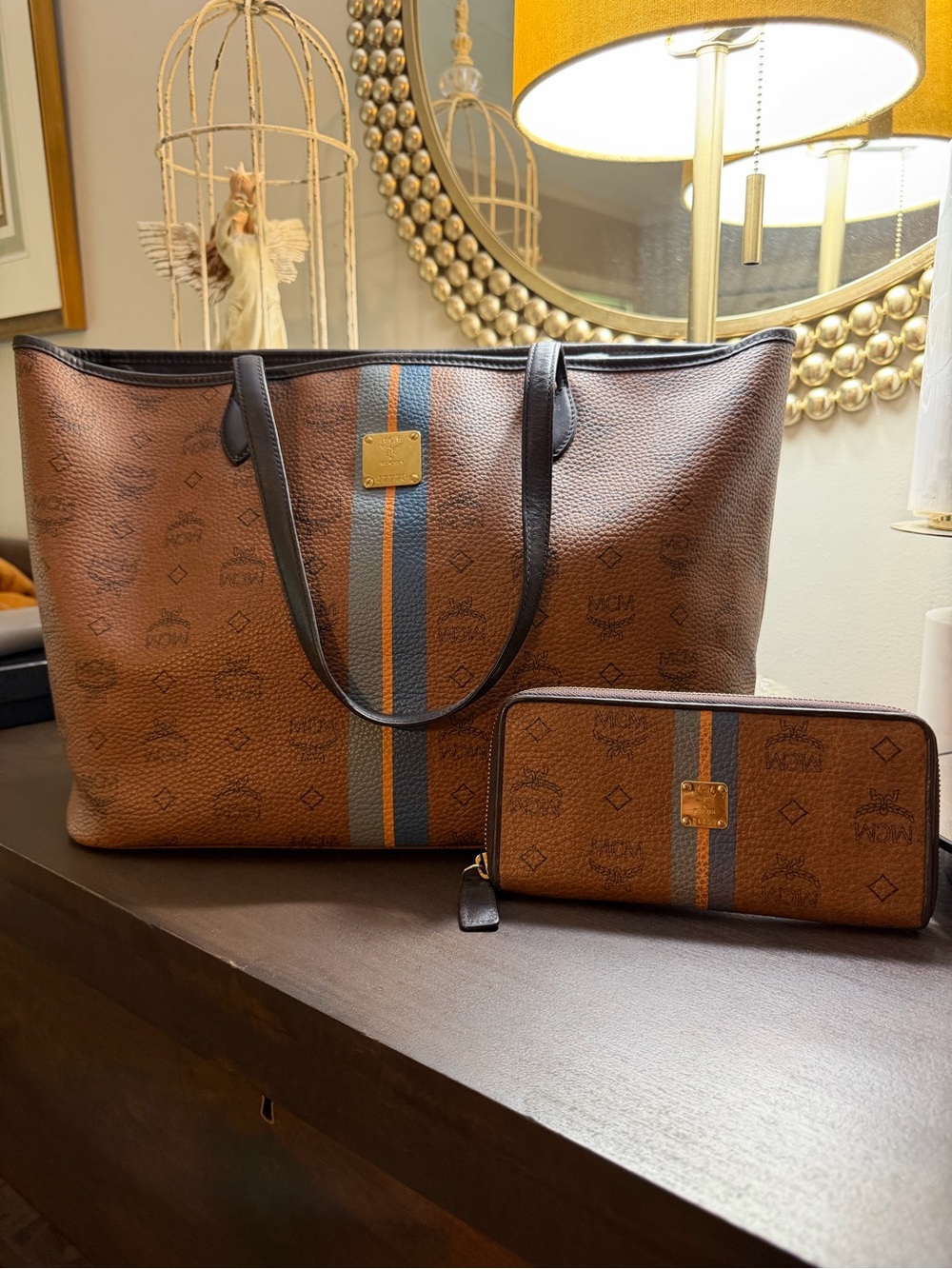 MCM Brown Monogram Tote Bag with matching wallet Striped Accent - Designer Style
